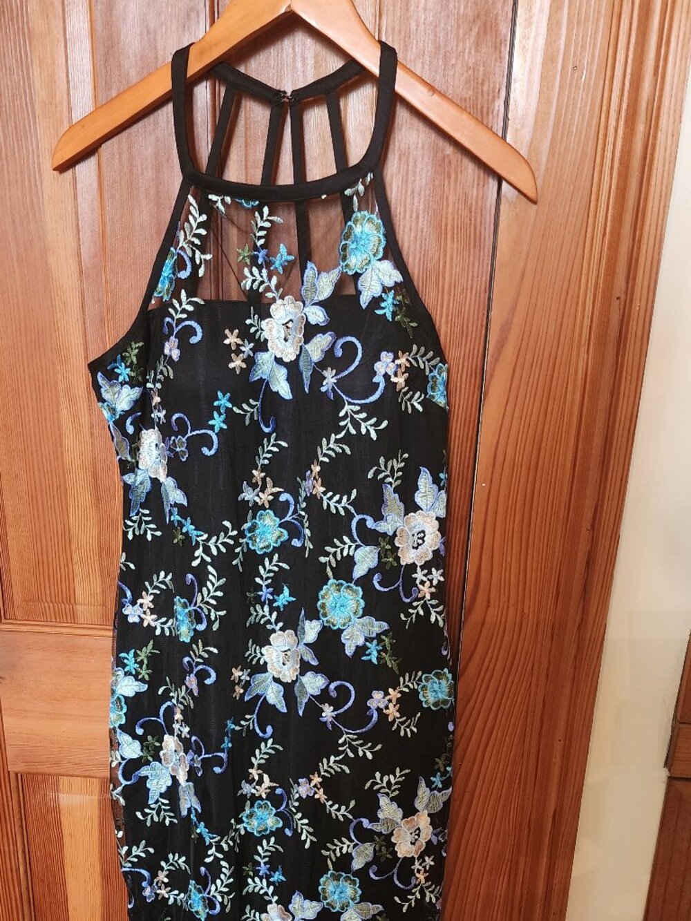 Strappy Embroidered Black Cocktail Dress by Guess, Size 14